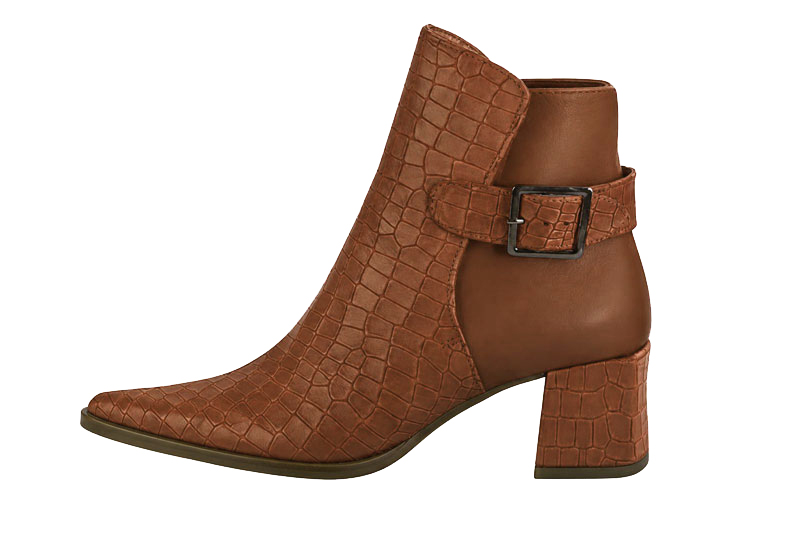 Women's cognac back-buckle ankle boots with pointed toe and mid block heel - Profile view